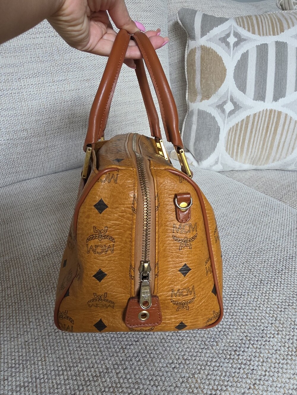 MCM Visetos Cognac Monogram Boston Bag - Picture 5 of 13